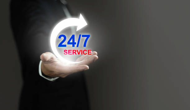 istock A man is holding a glowing hand with a 24/7 service logo on it 2165304211