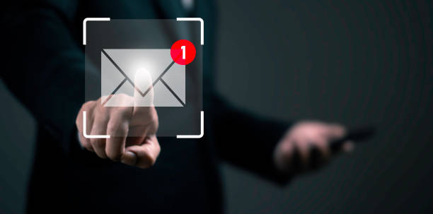 istock Businessman touch on email in virtual screen. New email notification concept. Inbox receiving electronic message alert.  internet technology. 2165306166