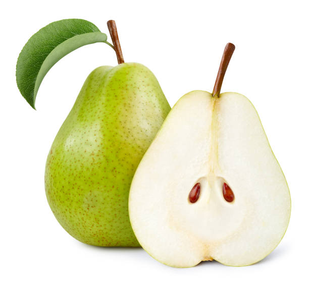 istock Ripe pear with green leaf clipping path 2165310833