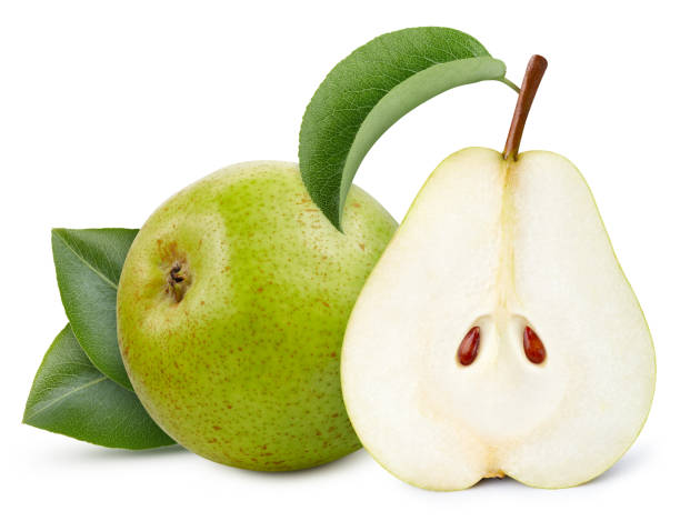 istock Ripe whole pear fruit with green leaf and half 2165311229