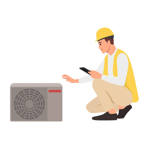 junger mann wartet oder arbeitet an einem stromgenerator. - wärmepumpe stock-grafiken, -clipart, -cartoons und -symbole