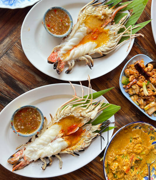 istock Grilled prawns served with spicy seafood sauce 2165314979