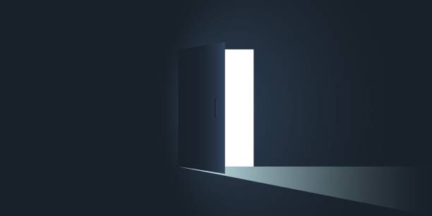 open door with light icon in flat style. dark room vector illustration on isolated background. doorway entrance sign business concept. - tür stock-grafiken, -clipart, -cartoons und -symbole