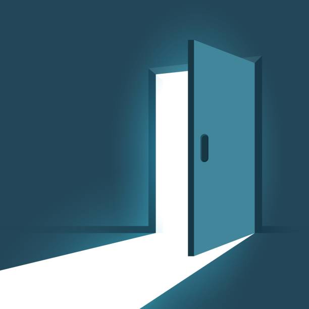 istock Open door with light icon in flat style. Dark room vector illustration on isolated background. Doorway entrance sign business concept. 2165315513