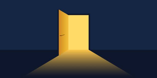 istock Open door with light icon in flat style. Dark room vector illustration on isolated background. Doorway entrance sign business concept. 2165315522