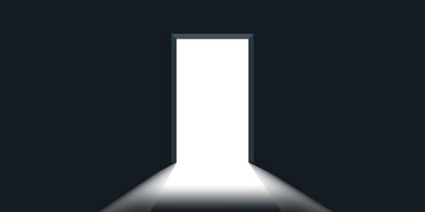 istock Open door with light icon in flat style. Dark room vector illustration on isolated background. Doorway entrance sign business concept. 2165315526