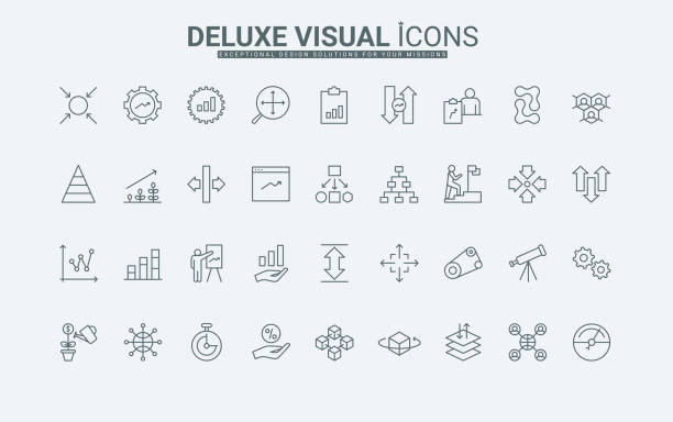 Arrows for presentation of growth and scaling line icons set, tools to control size Tools to maximize and minimize, resize and expand, control size and direction thin black outline symbols vector illustration. Arrows for presentation of growth and scaling line icons set. box plot graph stock illustrations