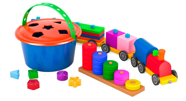 Wooden toy stacking train, shape sorter bucket and wooden colored stacking rings. 3D rendering isolated on white background