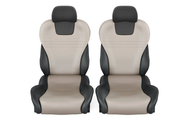 Two leather bucket seats, car seats. Front view. 3D rendering isolated on white background