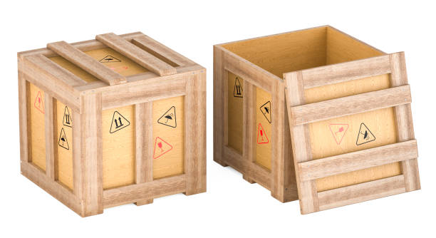 istock Wooden boxes. Opened and closed wood crates, parcels. 3D rendering 2165322616
