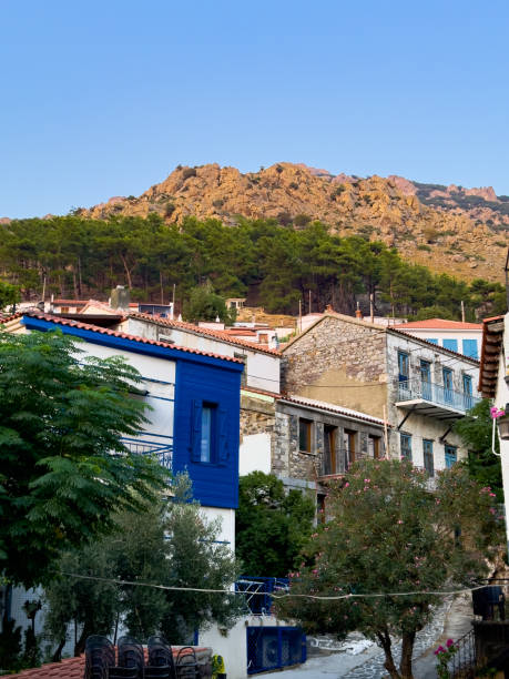 Chora Samothraki in Samothraki island, Samothrace, Aegean sea, Greece,  at summer, at dusk.