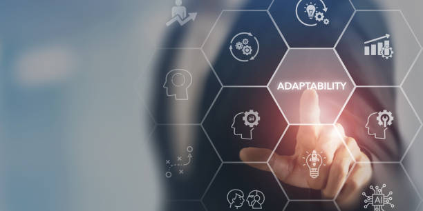 istock Adaptability in business, with a businessman interacting by touching a virtual screen. Layout and icons with adaptability,digital skill, innovation, flexibility, complexity problem solving and growth. 2165326047