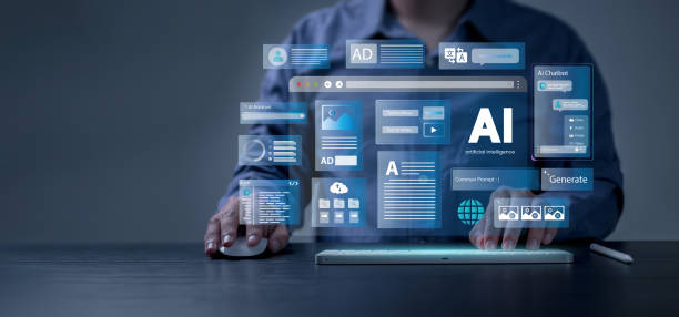 istock Artificial Intelligence Content Generator. Man uses laptop to interact with AI assistant for AI chatbot, generate images, write code, writer bot, translate and advertising. LLM.Text to music, video. 2165331990