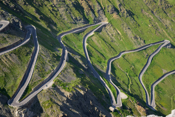 Stelvio Pass, Italy - July 15, 2023: The Stelvio Pass on a sunny day in summer, hairpin turns