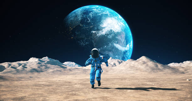 Brave Astronaut Running On The Surface Of The Moon Among Craters. Planet Earth Is Visible In Sky. High quality 3D rendered video, made from high res textures by NASA: https://visibleearth.nasa.gov/collection/1484/blue-marble?page=1
