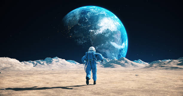 istock Astronaut Running On The Moon. Blue Planet Earth Visible. 2165335022
