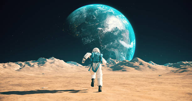 istock Brave Astronaut Running On An Alien Planet. Beautiful Earth In Sky. 2165335100