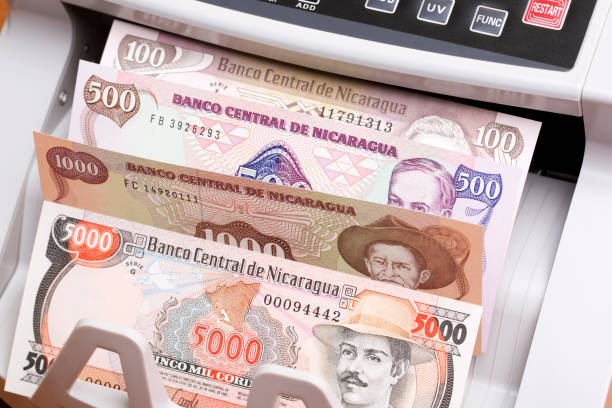 istock Old Nicaraguan cordoba in the counting machine 2165339748
