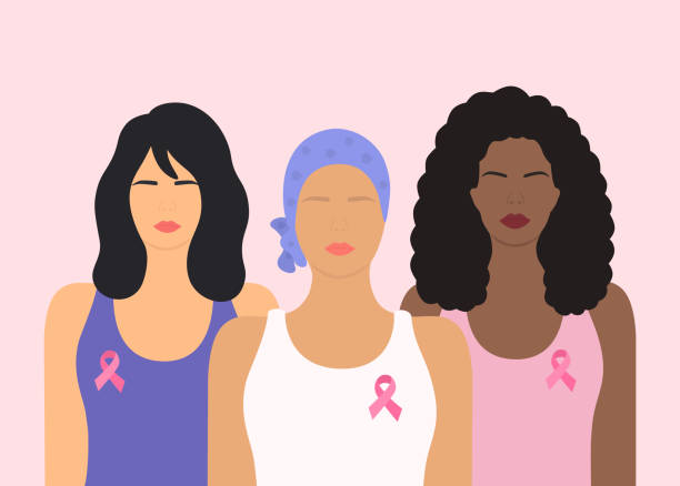 vorderansicht von stehenden frauen mit rosa bändern. krebspatientin frau mit kopftuch. aufklärungs- und unterstützungskonzept für brustkrebs - breast cancer awareness stock-grafiken, -clipart, -cartoons und -symbole