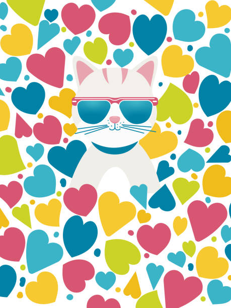 istock Happy white cat in sunglasses on retro hearts background with antique texture. Bright vintage rainbow background. Flat simple vector style. Happy valentine's day, Valentine's day card 2165344091