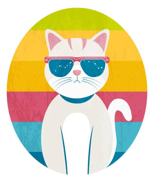 istock Serious white cat in sunglasses on striped retro background with antique texture. Bright vintage rainbow background. Flat simple vector style. 2165344372