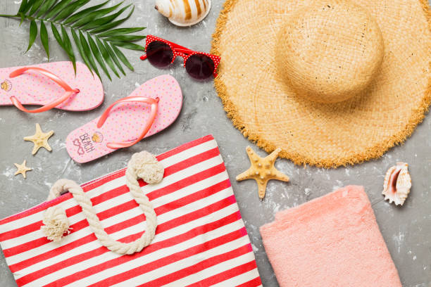 istock Composition with stylish beach accessories on colored background, top view. Beach fashion flat lay, summer concept. Trendy colors 2165347107