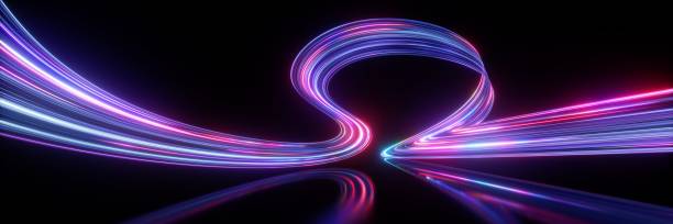 istock 3d render. Abstract neon background. Fluorescent ines glowing in the dark room with floor reflection. Virtual dynamic ribbon. Fantastic panoramic wallpaper. Energy concept 2165348185