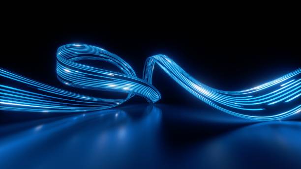 istock 3d render, abstract background. Curvy neon ribbon with glowing lights. Telecommunication and internet technology concept. Data transfer metaphor. Particles moving and leaving glowing tracks 2165348199