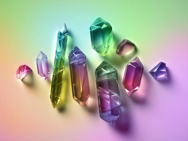 3d render, assorted quartz crystals isolated on pastel gradient background, rough nuggets, faceted semiprecious gems, reiki healing spiritual gemstones