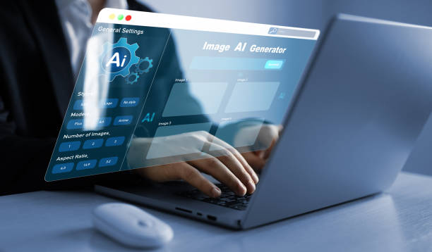 istock Person using AI software to generate images with  futuristic platform user interface. Image AI generator conceptArtificial Intelligence Image Content Generator.AI image creation service technology. 2165351022