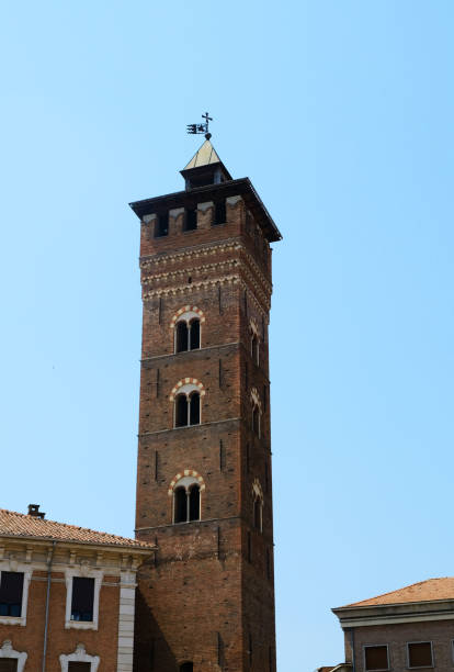 Majestic Troyana Tower, Asti's tallest historic clock tower. Iconic medieval landmark dominates skyline, showcasing architectural heritage
