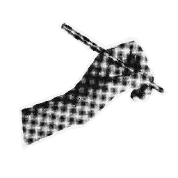 istock Halftone hand hold pencil on isolated background. Education concept. Pen cutout collage element 2165354513
