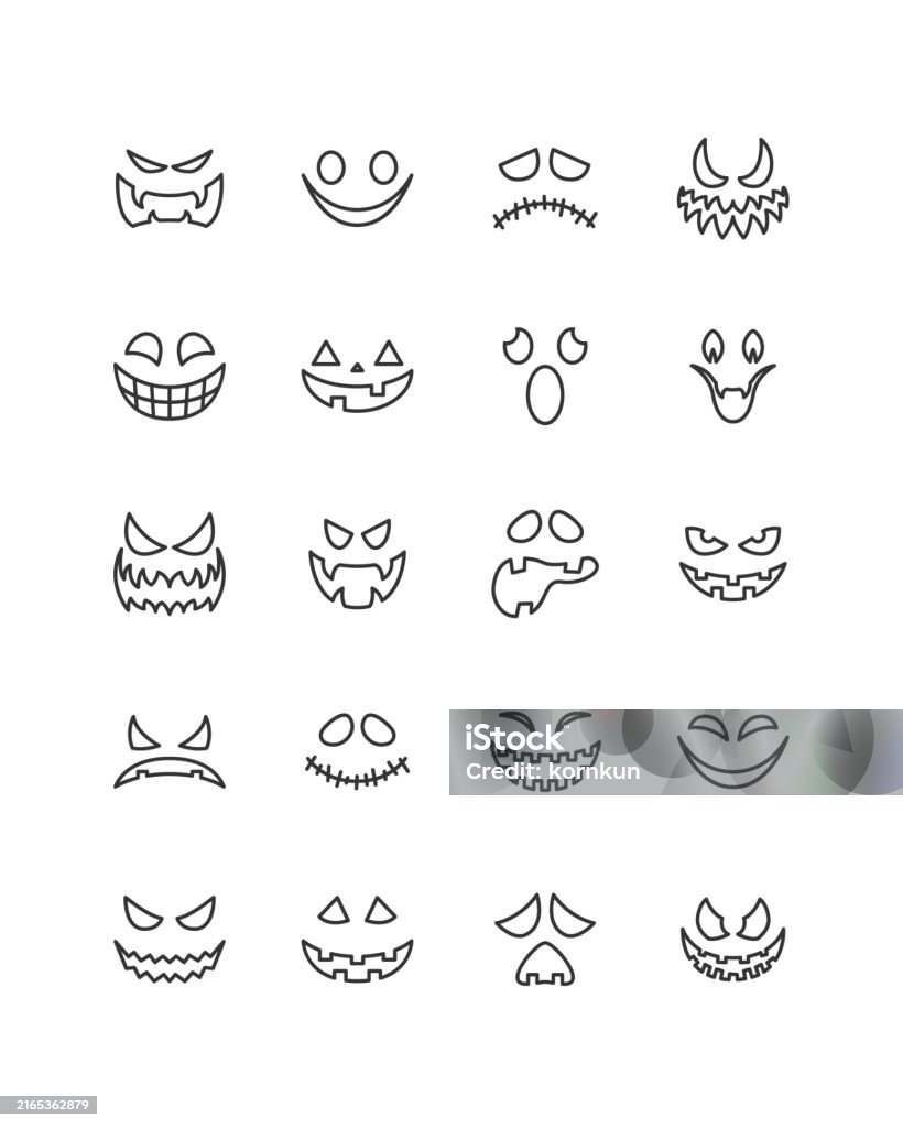 Evil Face Line Graphics Evil Faces Halloween Vector Set Stock Illustration - Download Image Now ...