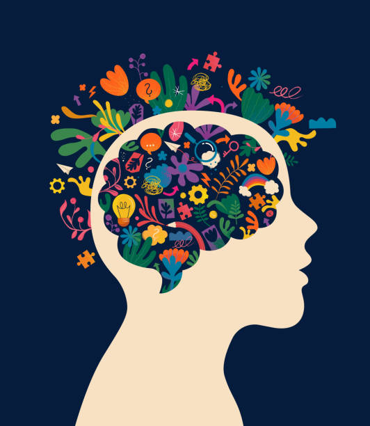 Child Imagination And Creativity Vibrant vector illustration depicting child imagination and creativity concept. The head silhouette randomly filled with different elements/symbols which are showing different thoughts, processes and approaches while creative thinking processes. flower bloom quotes stock illustrations