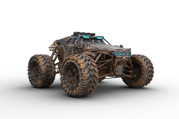 istock Cyberpunk post apocalyptic off road car with huge wheels. Isolated 3D rendered illustration. 2165368672
