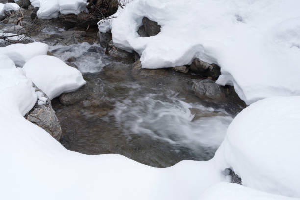 Mountain stream with ice and snow in winter, Ligurian Alps, Italy