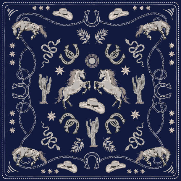 Trendy square pattern with horse , Rope, horse shoe, cowboy boots Trendy square pattern with horse , Rope, horse shoe, cowboy boots , Western bandana Seamless pattern ,Design for fashion , fabric, textile, wallpaper , wrapping and all prints western belt buckle illustrations stock illustrations