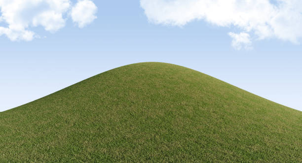 Green Grassy Hills Under Blue Sky. 3D rendering. stock photo