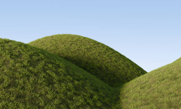 Green Grassy Hills Under Blue Sky. 3D rendering. stock photo