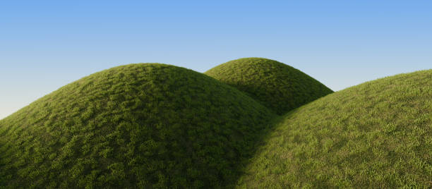 Green Grassy Hills Under Blue Sky. 3D rendering. stock photo