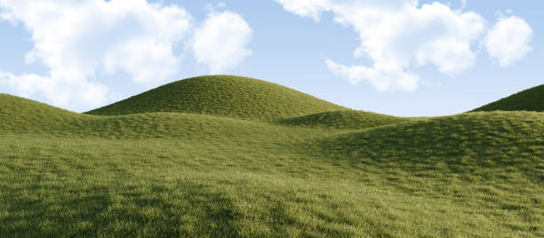 Green Grassy Hills Under Blue Sky. 3D rendering. stock photo