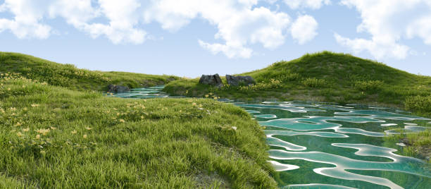 Green Hills with Water Streams and Blue Sky. 3D rendering. stock photo