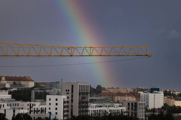 Brno cityscape with storm clouds and rainbow.Czech Republic.