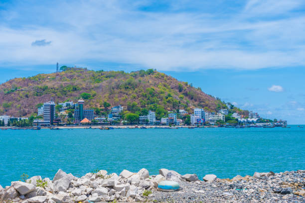 toàn cảnh bờ biển vũng tàu, với sóng, bờ biển, đường phố, cây dừa và núi tao phùng ở việt nam. khái niệm du lịch - vũng tàu hình ảnh sẵn có, bức ảnh & hình ảnh trả phí bản quyền một lần