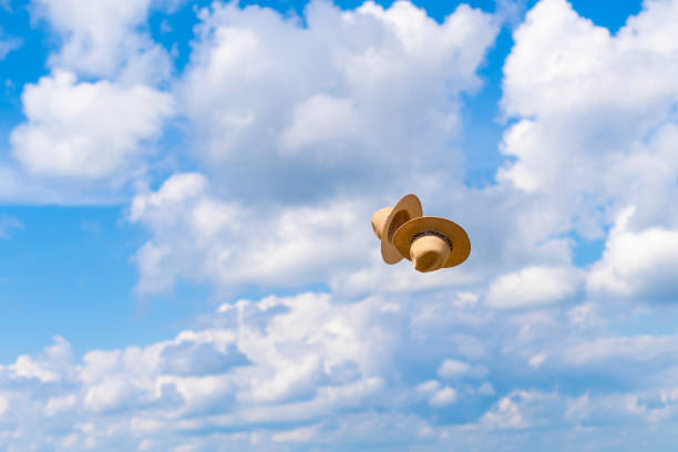 istock Straw hats flying in a blue sky 2165378946