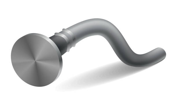 istock Hammered nail on surface. Iron, steel or silver pin head. Bent metal spike or hobnail with cap in cartoon style. Vector grey hardware for home construction, isolated on white background 2165379207