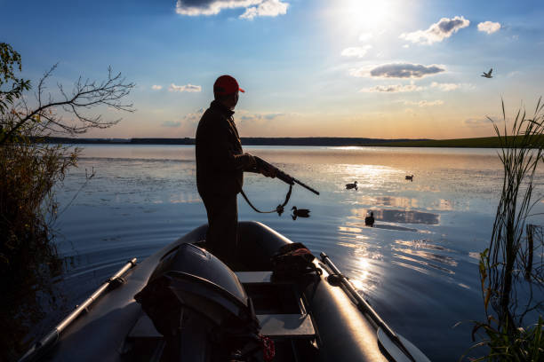 istock A waterfowl hunter hunting on ducks at sunset. 2165379493