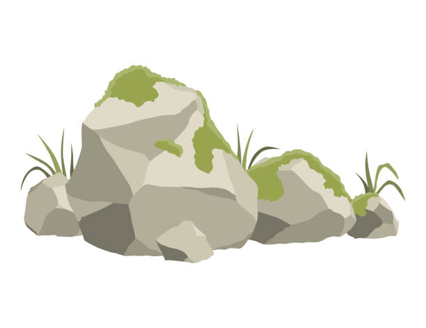 istock Rock stone formations. Small boulder mountain with grass and moss, big icon with rocky texture, heavy piles. Cobblestones of various shapes, hard rock rubbles. Vector cartoon background 2165380647