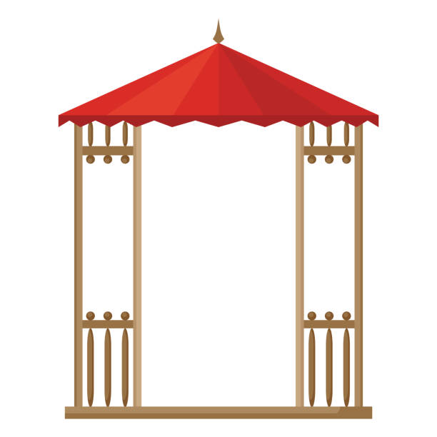 istock Gazebos pergola style. Architecture wooden bower flat cartoon icon. Pavilion structure, city park or gardens area element isolated on white background. Vector illustration 2165380937