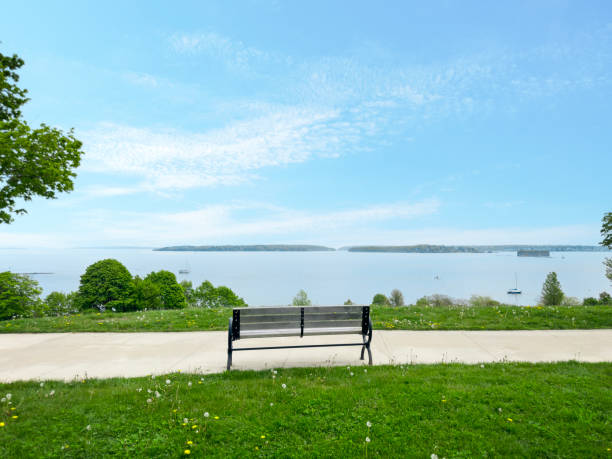 Empty bench in a park in Portland Maine